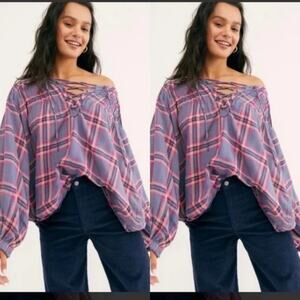 Free People Cloudbreaker Plaid Tunic Oversized Lace Up Pullover Blue Pink Medium